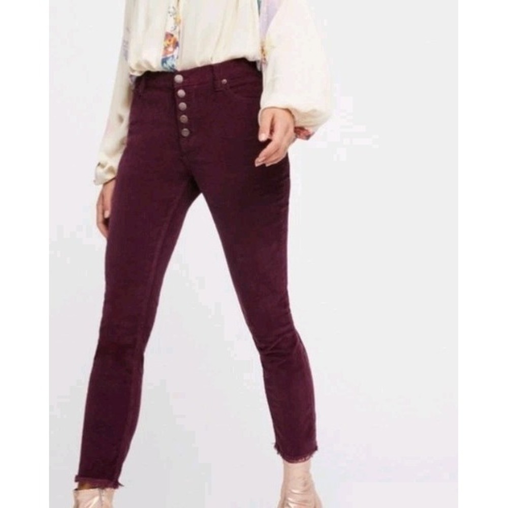 Free‎ People Maroon Fine Corduroy Velvet Like Raw-hem Cropped Pants Sz 25 1